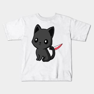 Black cute cat with knife! Kids T-Shirt